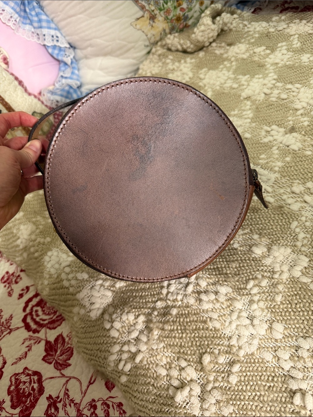 Round Tooled Leather Sunflower Trunk Bag - Brown & Yellow - Picture 6 of 6